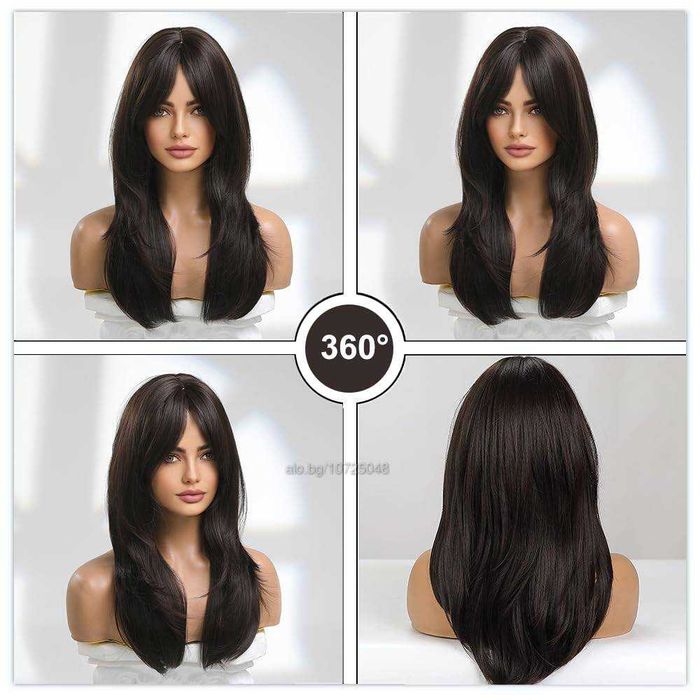 Синтетична тъмно кафява перука - 55 см с бретон и зиг-заг път