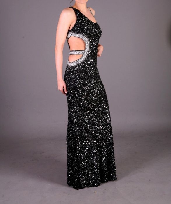Rochie de nasa ocazii speciale neagra cu paiete cu decupaj lateral