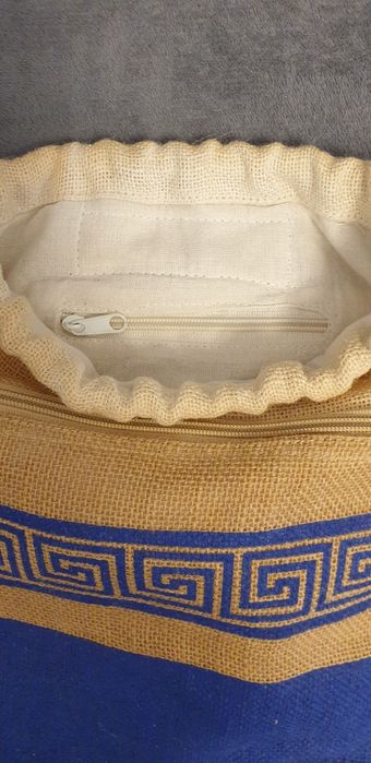 Rucsac din in Think green  bej cu albastru