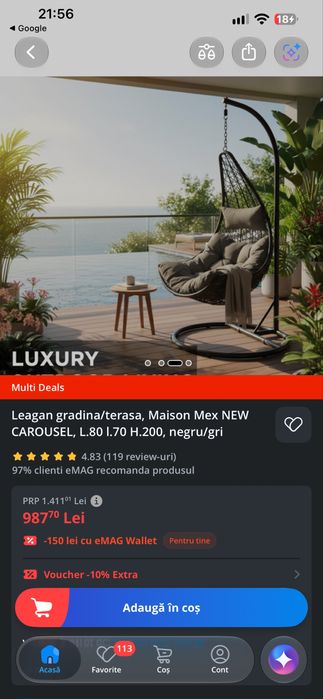 Leagan gradina/terasa, Maison Mex NEW CAROUSEL, L.80 l.70 H.200, negru/gri