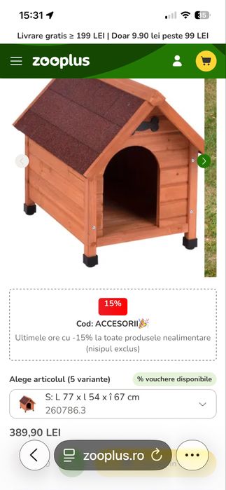 Cusca lemn caine talie mare cu acoperis de sindrila bituminoasa