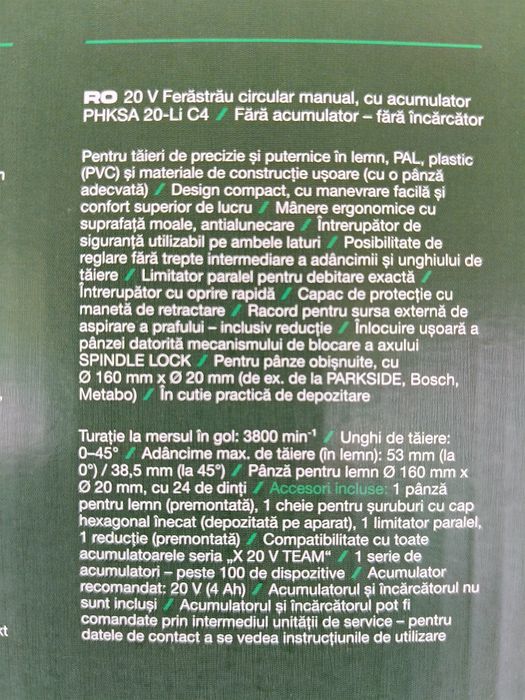 Circular parkside pe acumulator 20v valiza de transport