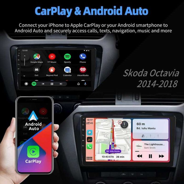 10” 2-DIN мултимедия за Skoda Octavia 2014-2018 с Android 15, 4/64GB, 1280x720, CP и AA