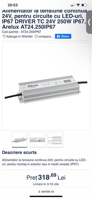 Alimentator tensiune Continua 24V pt LED-uri IP67 Driver TV 24W 250W