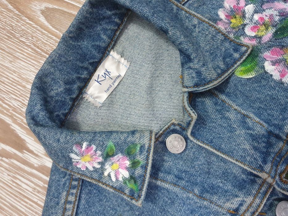 Jacheta jeans pictata manual flori M/L 38 40