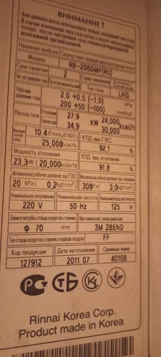 Котел газовый Rinnai RB-206 DMF.