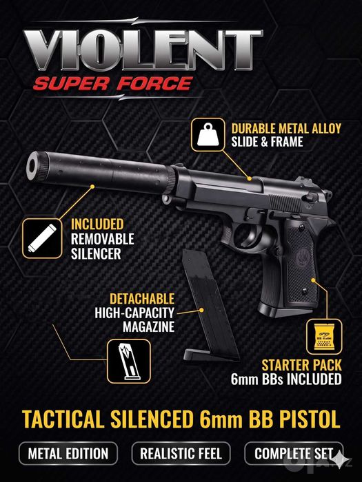 Игрушечный пистолет, металлический, с глушителем и пульками, VIOLENT