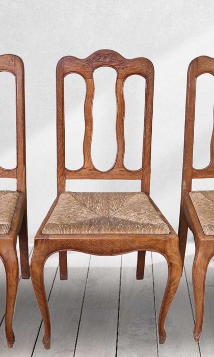 6 броя трапезни столове от масивен дъб и ратан в стил "ЛУИ XV"