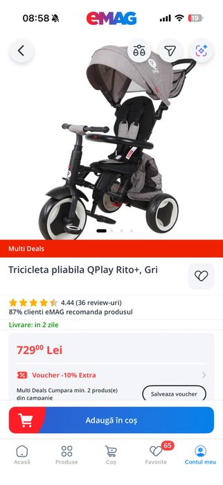 Tricicletă pliabilă QPlay Rito+, Gri