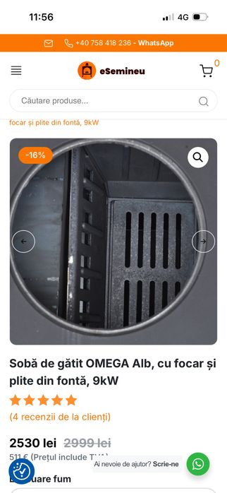 vand soba de gatit Omega alb,cu focar si plita din fonta,9kw.