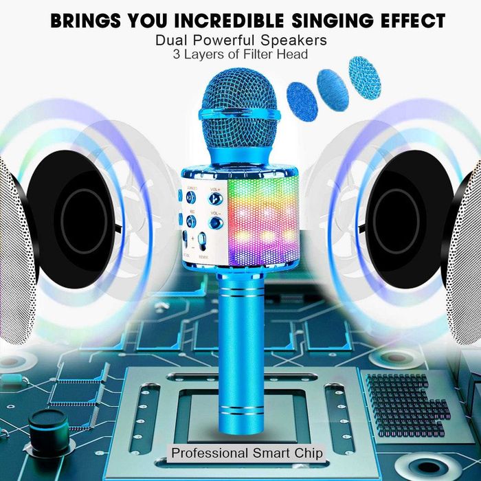 Безжичен караоке микрофон(Bluetooth)- вграден говорител и LED светлини