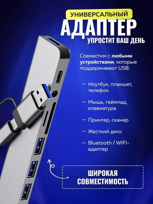 Perexodnik hub 8portli usb hub 8portlik 8в1 MacBook Iphone va boshqa