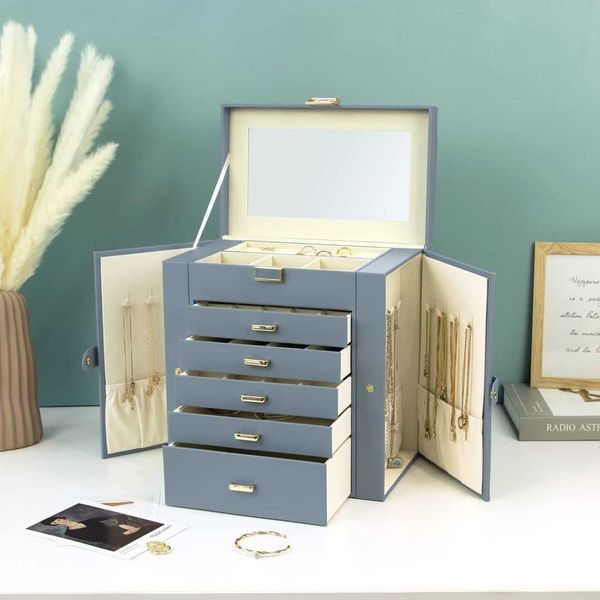 кутия за бижута 6-етажна от естествено дърво, кожа с огледало – XXL