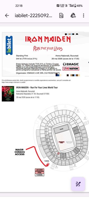 Bilet Iron Maiden Gazon