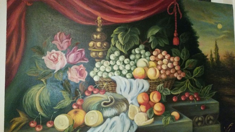Tablou 90x60cm ulei pe panza natura moarta stil clasic olandez 1960