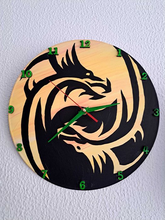 Doi dragoni, Ceas de perete unicat pictat manual 30cm, mers silentios