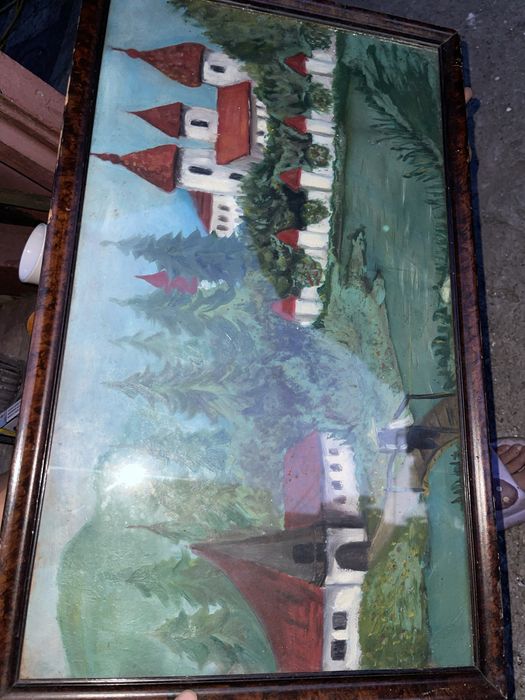 Tablou vechi pictat manual, înrămat, vintage, peisaj cu biserică”
