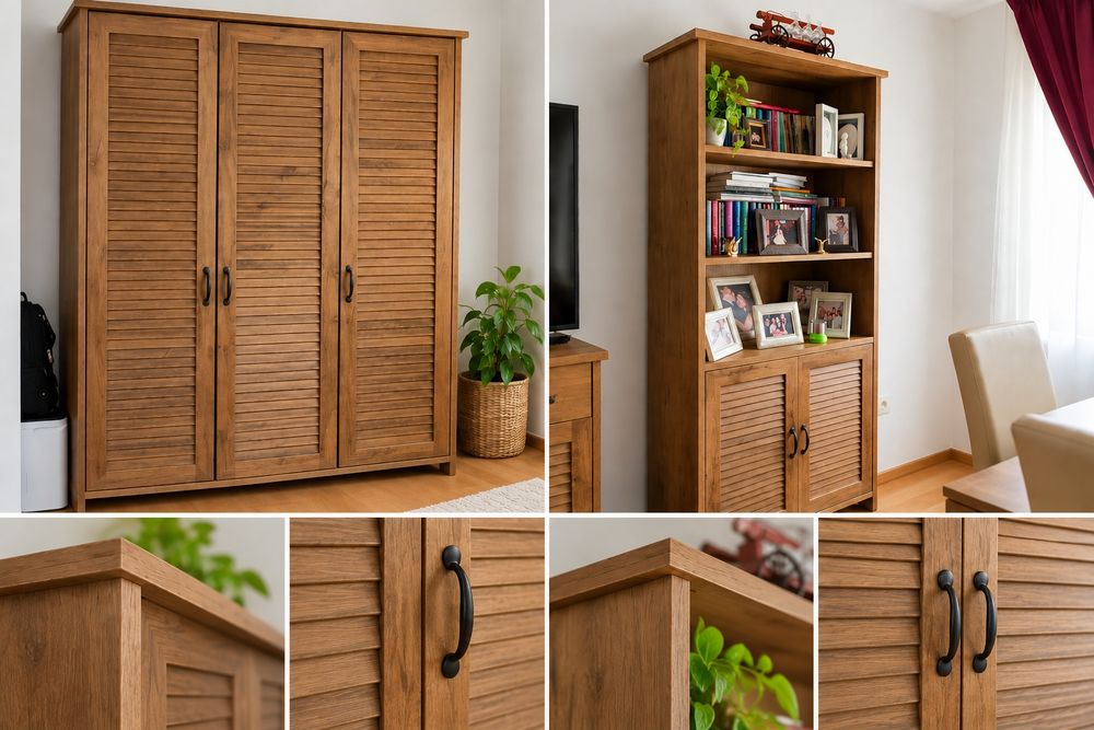 „Mobilier JYSK MANDERUP – dulap 3 uși + bibliotecă – stare foarte bună