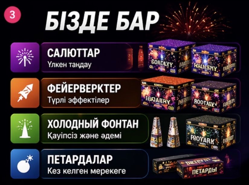 Салют, Фейерверк, Холодный фонтан — Ең тиімді бағада!