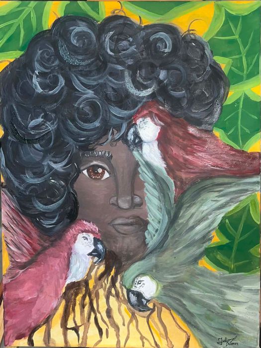 Tablou pictat manual pe panza 30x40 cm - Portret exotic cu papagali