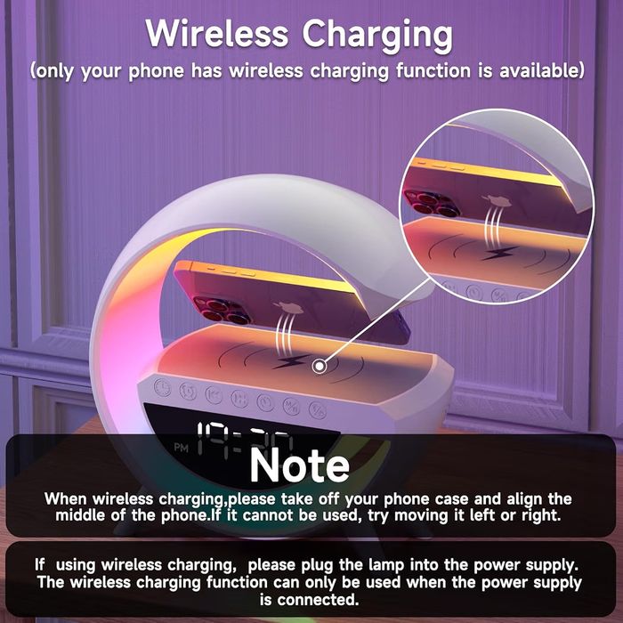 Atmosphere Lamp with Wireless Charger, 15W Led Alarm Clock Dimmable Ambient Light Smart Table Lamp with Bluetooth Speaker
