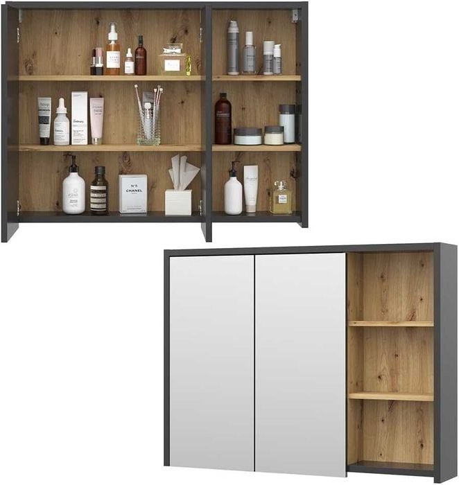 Огледален шкаф за баня Vicco Viola, антрацит/дъб, 100 x 75 см