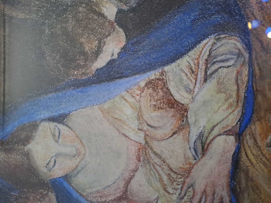 icoana desen culori Fecioara Maria si Pruncul Isus 33/43 cm semnat