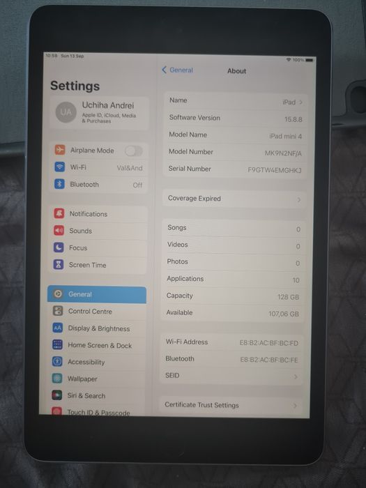 iPad mini 4 Space Gray – 128 GB – Stare excelentă – iOS 15.8.8 (Jailbreak / Dopamine)