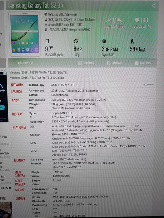 Tableta LTE,Samsung Galaxy Tab S2 9.7",32GB,3GB ram,varianta SM-T815