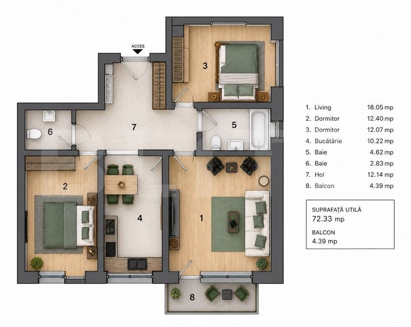 Apartament 3 camere, 2 bai , 72 mp + 4 mp terasa — fotografia 1