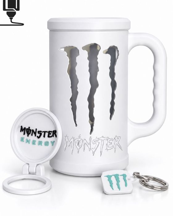 3D принтирана стойка за Monster Energy кенче с капак и ключодържател