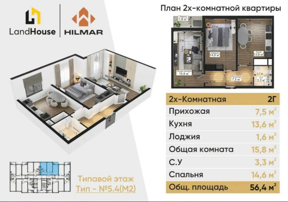 Срочно продаётся в Новостройке двух комнатная квартира 56,4