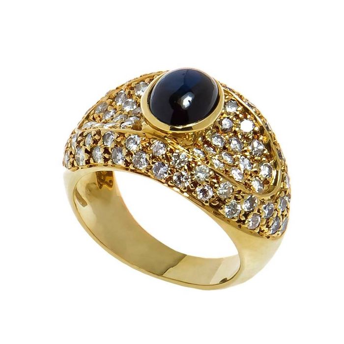 Inel din aur galben 18k cu safir cabochon si 78 diamante naturale