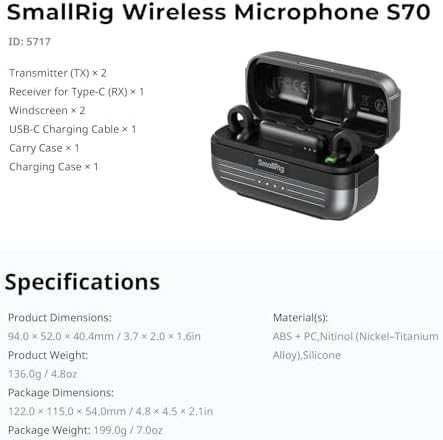 Нов Безжичен микрофон SMALLRIG S70-C2 USB-C 300м шумопотискане iPhone Android 48h кейс