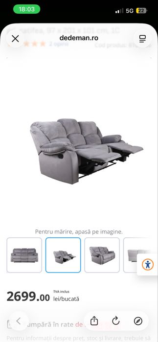 Canapea 3 locuri gri cu recliner – stare foarte bună