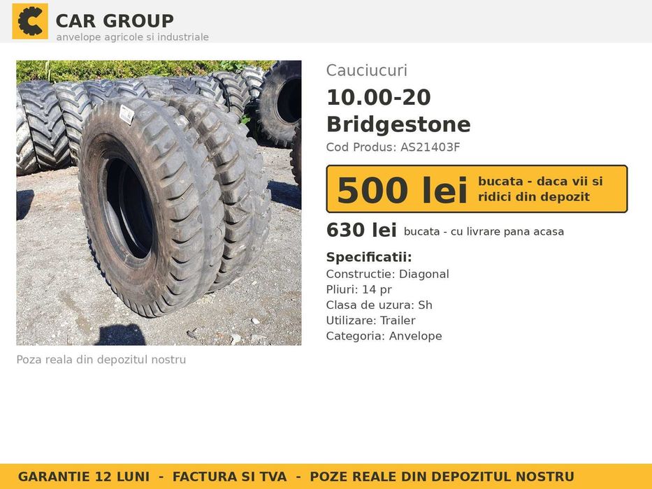 Cauciucuri Anvelope 10.00-20 10.00R20 10-20 10.00 20 1000-20 100020 Bridgestone Remorca Implement Flotatie SH Second Hand STOC REAL Garantie 1 An