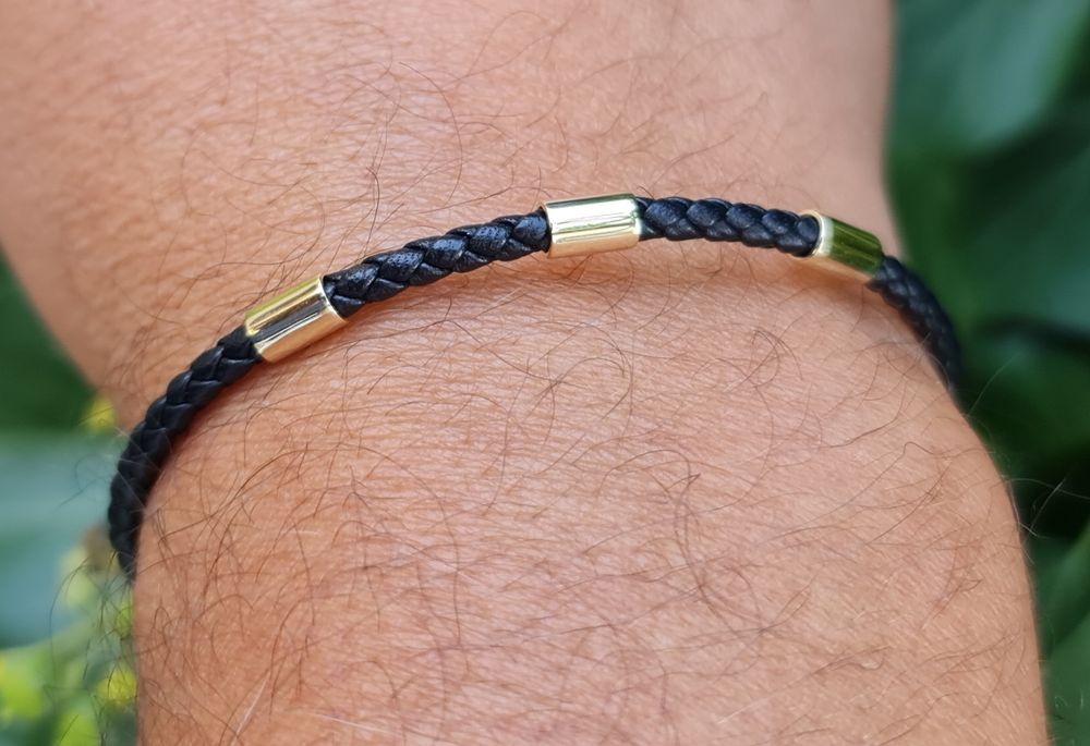 Brățară aur galben 14k piele naturală înpletită