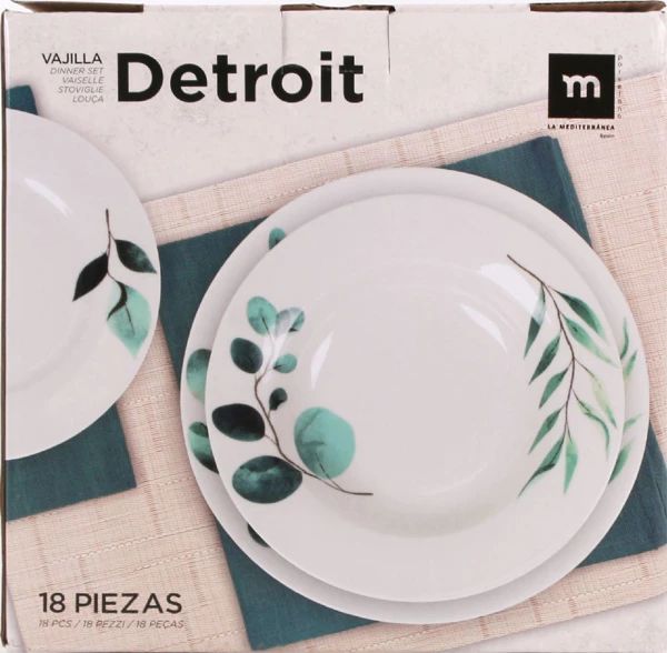 Set vesela masa Detroit 18 piese,ceramica decorata,rotund, Culoare Alb