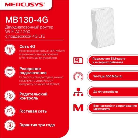 WI-FI Двухдиапазонный роутер Mercusys MB130-4G
 с поддержкой 4G LTE