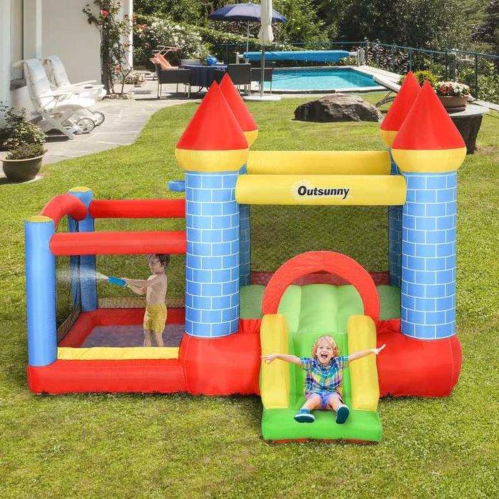 Castel gonflabil pentru copii cu tobogan, piscină și coș de baschet, 300 x 275 x 210 cm