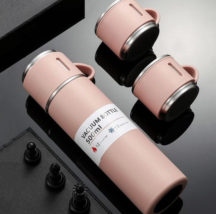 Подаръчен комплект термос с 3 чаши, зелен , розов, сив