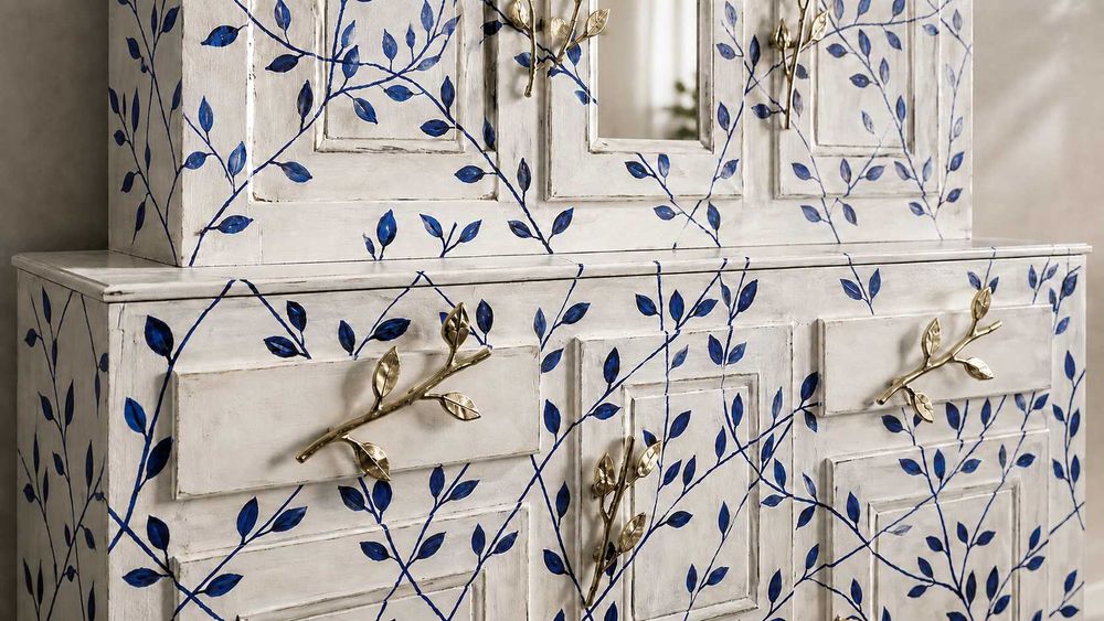 Bufet pictat manual – piesă de artă unicat „323 Blue Leaves”