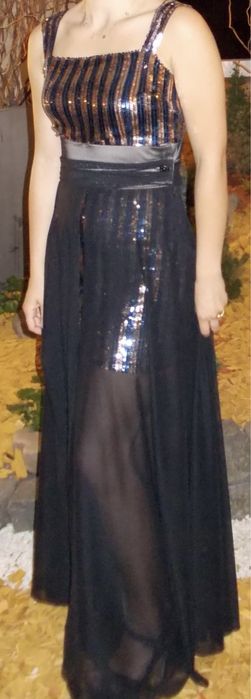 Rochie lunga de ocazie paiete albastru auriu voal matase marimea S