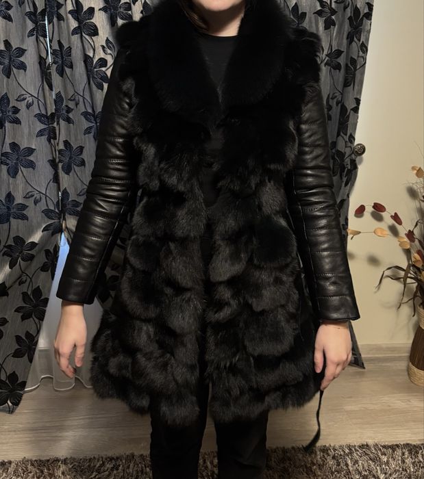 Haina din piele naturala cu blana naturala