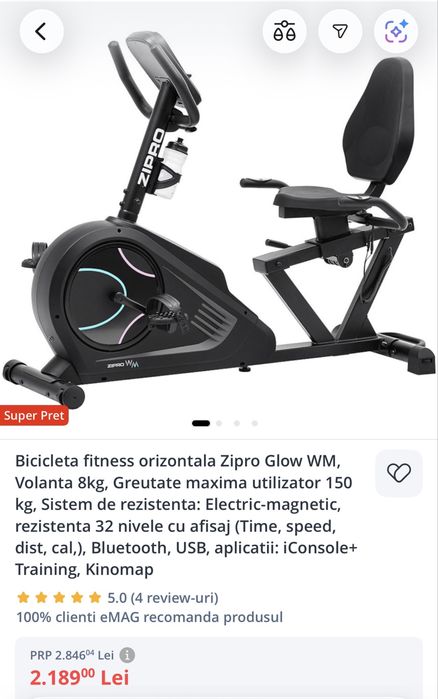 Bicicleta fitness orizontala Zipro Glow WM, Volanta 8kg