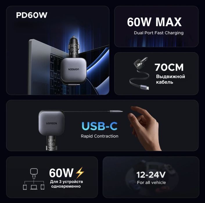 Мгновенная зарядка в авто Ugreen 60W 3 порта, USB-C встроенный.