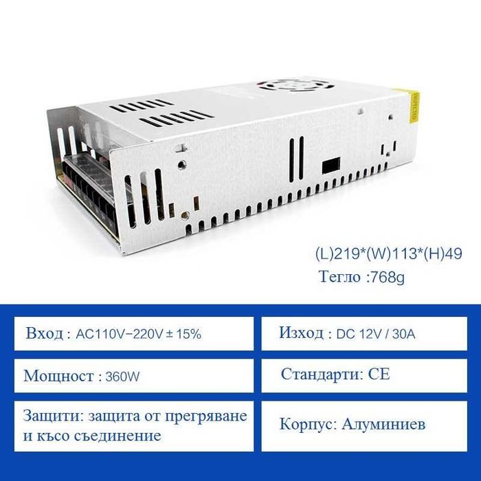 Захранване за LED лента 12VDC, 360W, 30А, Стандартен метален корпус
