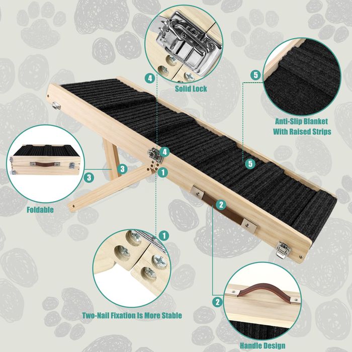 Rampa din lemn pentru animale de companie, pliabila, 4 trepte de inaltime 23 ? 44 cm, cu covoras antiderapant, negru