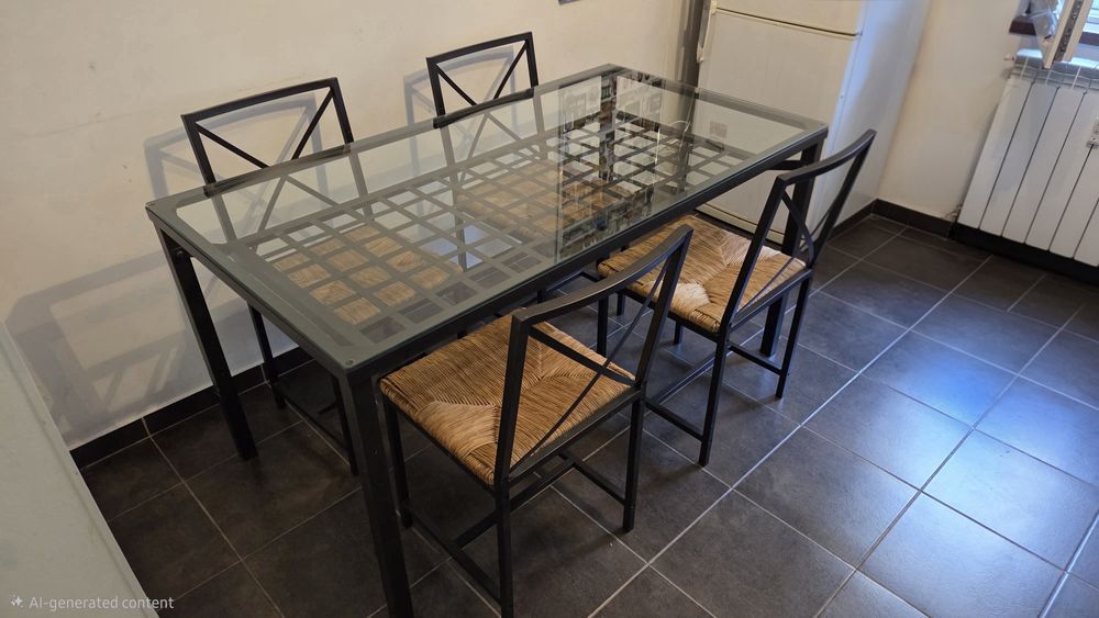 Masa + scaune. Sticla, metal,  impletitura fibre naturale