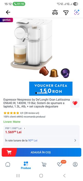 Nespresso by De'Longhi Gran Lattissima EN640.W, 1400W, 19 Bar